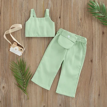 1-4 Yıl Kolsuz Katı Giyim Seti 3 Adet Bebek Rahat Kıyafetler, Bebek Kız Düz Renk Tankı Üstleri + Pantolon + Bel Paketi