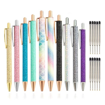 10 Adet Metal Tükenmez Kalemler 1.0 mm Geri Çekilebilir Tükenmez Kalemler Glitter Metal Kalemler ile 10 Adet Yedekler Okul Malzemeleri için