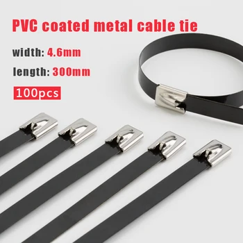 100 Adet / grup 300mm Pvc Plastik Kaplı Ss304 Paslanmaz Çelik kablo Bağı siyah tel bağlama wrap sapanlar Plastik Zip Kravat