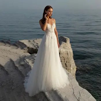 13187 # Boncuk Boho V Yaka Plaj Bohemian A-Line Kolsuz Criss Çapraz Prenses Dantel Aplike 2022 düğün elbisesi gelin kıyafeti