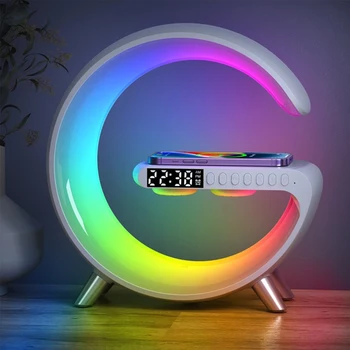 15W LED Atmosfer RGB ışık Kablosuz Şarj Çalar Saat Masa Lambası Bluetooth Hoparlör iPhone İçin APP Kontrolü ile 14 13 12 11 8
