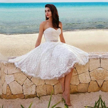 2018 Zarif Sevgiliye Kolsuz Boncuklu Kanat Aplikler Diz Boyu Beyaz Dantel gelin kıyafeti Ucuz Kısa gelinlik modelleri