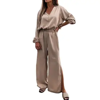 2021 İlkbahar / Sonbahar Kadın Kıyafeti Düz Renk Uzun Kollu Üstleri Yüksek Bel Geniş Bacak Pantolon Kıyafet Spor İki Parçalı pantolon seti