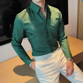 2022 İngiliz Tarzı Erkekler Bahar Yüksek Kaliteli İş Uzun Kollu Gömlek / Erkek Slim Fit Düz Renk V Yaka Ofis Elbise Gömlek
