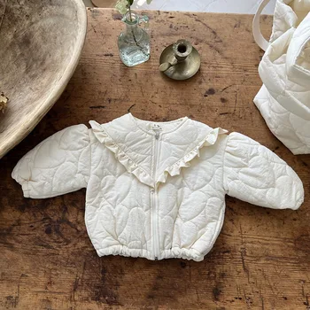 2022 Kış Bebek Yastıklı Ceket Dantel Patchwork O-boyun Fermuar Toddler İnce Ceketler Kızlar Sıcak Üstleri