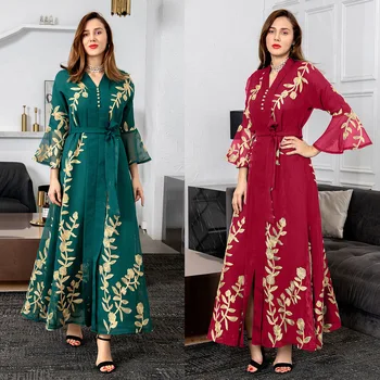 2022 Müslüman sonbahar ve kış gazlı bez işlemeli elbise Avrupa ve Amerikan kadın mizaç akşam elbise Arap elbise