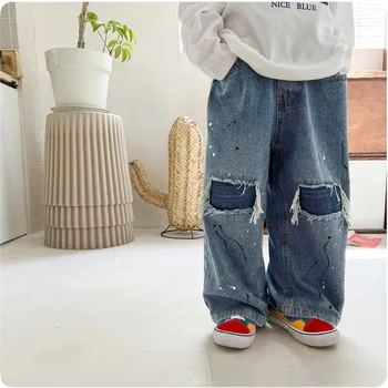 2022 Sonbahar Yeni ışık Lüks Moda Çocuk Kot Kore Versiyonu Rahat Rahat Çocuk Pantolon Butik Giyim Basit Tarzı