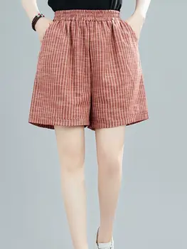 2022 Yaz Yeni Edebi Vintage Şerit Pamuk Keten rahat pantolon Gevşek Rahat Çizgili Geniş Bacak Elastik Bel Şort Kadın