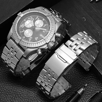 22mm 24mm Yüksek Kalite Paslanmaz Çelik Watchband Breitling saat kayışı Gümüş Altın Erkekler Bilezik Basma Düğmesi Gizli Toka