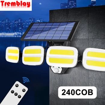 240COB güneş enerjili dış mekan aydınlatması Dört Kafa Geniş Açı Aydınlatma Hareket Sensörü Güneş Lambası Su Geçirmez Bahçe Projektör Lambası Duvar Lambası
