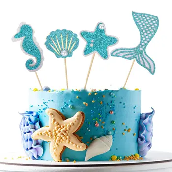 4 Adet / paket Mermaid Parlak Kabuk Fishtail Kek Toppers Küçük Denizkızı Doğum Günü 1st Parti Dekor Kız Bebek Duş Parti Malzemeleri
