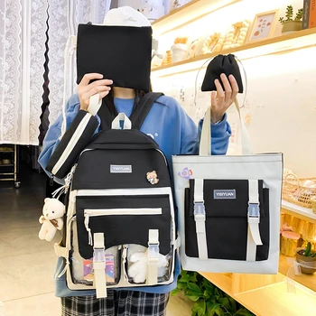 4 Adet Set Harajuku Kadın Laptop Sırt Çantası Tuval Okul Çantaları Genç Kızlar İçin Kawaii Koleji Öğrenci Çocuklar Kitap Çantası Sırt Çantası 2022