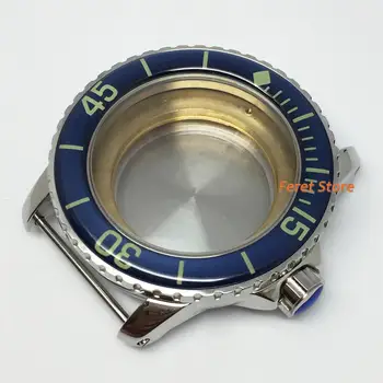 45mm Gümüş Çelik Saat kutusu Mavi / yeşil / siyah Çerçeve Yeşil ışık Fit ETA 2836, Miyota 8205/8215 hareket izleme kılıfı