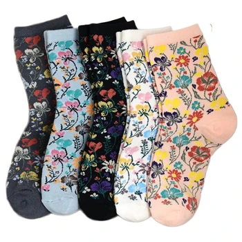 5 Pairs Sonbahar Kış Uzun Çorap Kadın Moda 2022 Yeni Vintage Baskı Pamuk Çorap Sevimli Calzini Donna Kız Kawaii Vrouw Socken