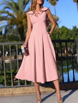 A-Line Balo Parti Elbise 2022 V Boyun Çay Boyu Kolsuz Ruffles Akşam Doğum Günü Törenlerinde Yeni Robe De Soiree