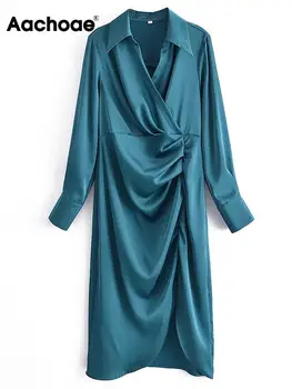 Aachoae Zarif Düz Renk Bir Çizgi elbise Kadınlar Casual Turn Down Yaka Uzun Kollu Elbise Bayanlar Chic Pileli Midi Elbise Robe 