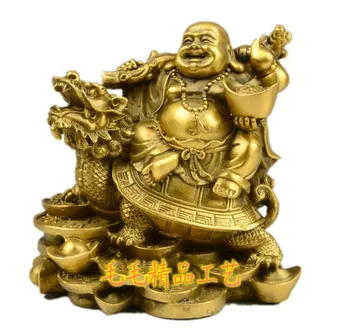 Antik Eski Chinesae QingDynasty bakır heykeli /Heykel,Ejderha kaplumbağa Maitreya buda,el sanatları,Koleksiyon / Ev Dekorasyon