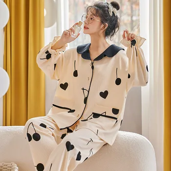 Bahar Sonbahar Moda kadın Rahat Baskı Cep Pijama Gecelik Sevimli Güzel Pijama Seti Pantolon İle Kalp Kiraz Pamuk