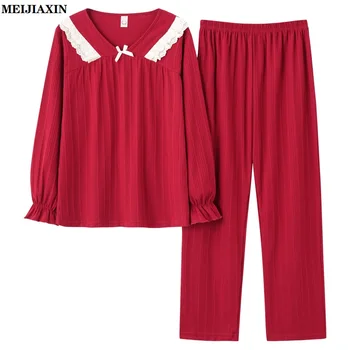 Bahar Sonbahar Pamuk Kadın Pijama Set Uzun Kollu V Yaka Eğlence Yumuşak Bayanlar Kıyafeti Gevşek Yumuşak L-3XL Kadın Pijama