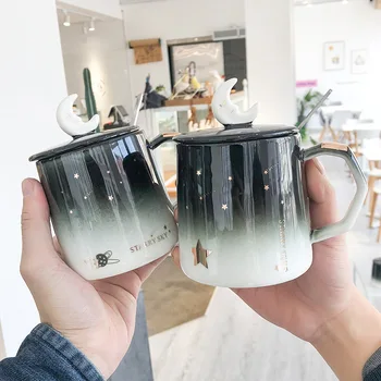 Basit degrade gökyüzü pot göbekli seramik bardak kapaklı bir kaşık ile yaratıcı kupa iş kahve fincanı