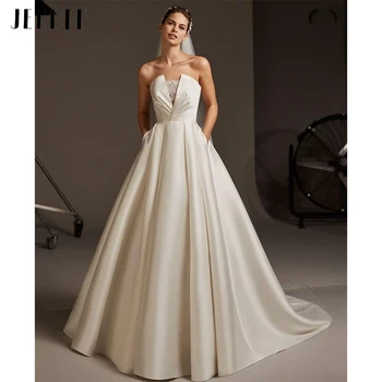 Basit düğün elbisesi Yumuşak Saten Cep Kolsuz Boncuk Kat Uzunluk Backless Plise Gelin Törenlerinde Vestidos De Novia Zarif