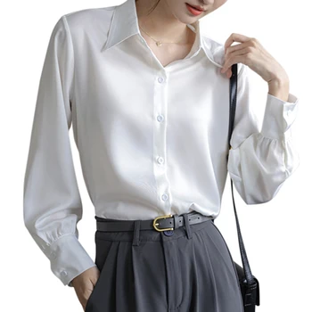Basit Tek Göğüslü Beyaz Gömlek Kadın Uzun Kollu Ofis Bayan Iş Elbisesi Resmi Bluz Kadın Chic Chemise Tops