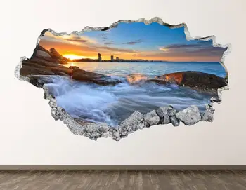 Beach Sunrise Duvar Çıkartması - Ocean 3D KD389 Duvar Sanat Sticker Çocuklar Dekor Vinil Duvar Posteri Özel Hediye Kırdı 