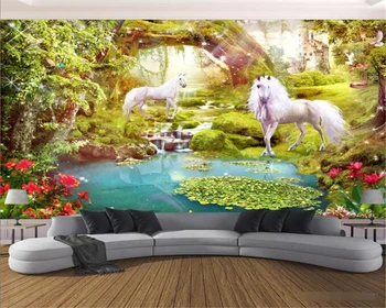 beibehang Özelleştirilmiş 3d duvar kağıdı doğa Orman beyaz at unicorn 3D TV çocuk odası Arka Plan Duvar papier peint duvar kağıdı