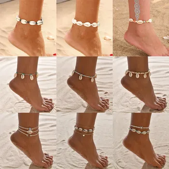Bohemian Kabuk Halhal Kadınlar için El Yapımı Deri Dokuma Doğal Kabuk ayak takısı Yaz Plaj Yalınayak Bilezik ayak bileği Bacak