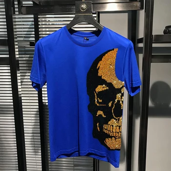 Büyük boy erkek Kısa Kollu Avrupa Sokak Gençlik T-Shirt Parlak Sıcak Elmas Ve Benzersiz Büyük Kafatası Lüks Üst