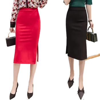 BÜYÜK Boy Kadın Iş Elbisesi Diz Boyu kalem Etek Ofis Bayanlar Midi Yüksek Belli Iş Yarık Profesyonel Etekler Bayan