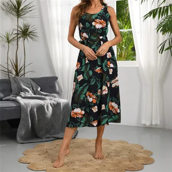 CHYAOWU0130 Plaj Tarzı Büyük Çiçek Baskı kadın Elbise Kolsuz Moda A-Line Elbiseler Kadınlar için Plaj Gezisi Tatil Yaz