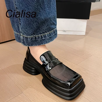 Cialisa Yaz Kadın Ayakkabı Platformu Kare Ayak Siyah Inek Rugan Rahat Kalın Topuklu Slip-On Orta Topuklu Bayan Ayakkabı
