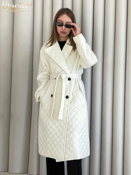 Clacive Kış Bej Ceket Kadınlar İçin Moda Yaka Uzun Kollu Ofis Bayan Mont Zarif Dantel-Up Sıcak Ceketler Kadın Giyim