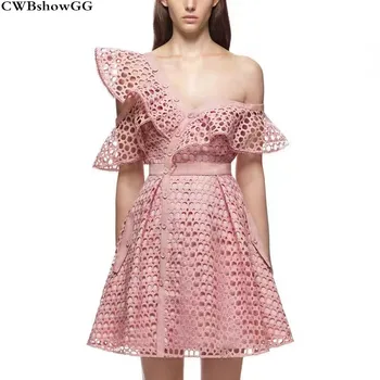 CWBshowGG Bahar yeni otoportre dantel elbise hollow out seksi kapalı omuz ruffled yüksek bel parti mini vestidos elbise