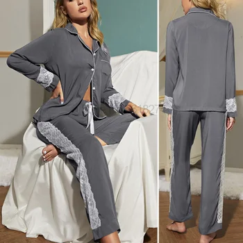 Dantel Patchwork Pijama Kadın Viskon Gecelik Yumuşak Rahat Ev Giysileri Düğmeli Pijama Dökün Femme Loungewear Kıyafeti