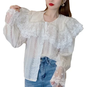 Dantel Rahat Tatlı Retro Bluz Uzun Kollu Vintage Fransa Zarif Bluz Kadınlar Kore Tarzı Tasarımcı Giyim Sonbahar Kış 2021