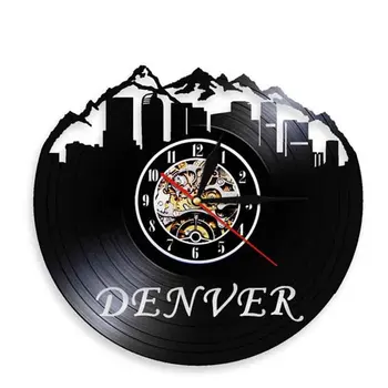 Denver Şehir Manzarası Vinil Kayıt duvar saati Colorado Cityscape Saat ABD Duvar Sanatı Ofis Odası Dekor Retro Müzik Albümü Duvar Saati