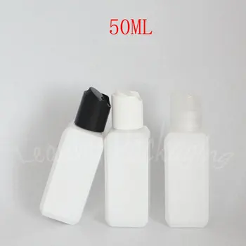 Disk Üst Kapaklı 50ML Beyaz Kare Plastik Şişe, 50CC Losyon / Şampuan Ambalaj Şişesi, Boş Kozmetik Konteyner