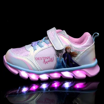 Disney kızlar spor ayakkabı ilkbahar yaz yeni yüksek top gündelik çocuk ayakkabısı led ışık kauçuk suni deri elsa ayakkabı