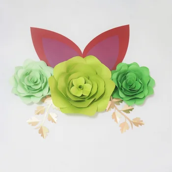 DIY Dev Kağıt Çiçekler Yapay Gül Fleurs Arka Planında 3 adet+2 Bırakın+2 Kulaklar Düğün Süslemeleri İçin Bebek Kreş Video Eğitimi