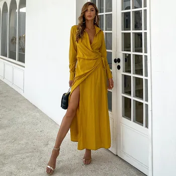 Donsignet Kadın Elbise Turn-aşağı Yaka Dantel-up Düz Renk Bölünmüş Gömlek Elbise Ince Uzun Kollu uzun elbise Chic Vestido Feminino