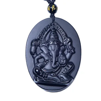 Drop Shipping Obsidyen Fil Ganesha Muska kolye Zinciri ile obsidyen Nimet Şanslı kolye