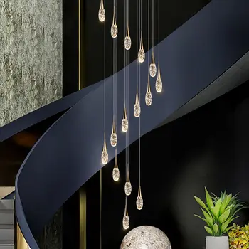 Dubleks merdiven avize Modern ışık lüks su damlası lamba Villa daire içi boş dönen kristal uzun çizgi kolye ışık