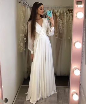 Düğün elbisesi V Yaka 2022 Uzun Kollu Şifon Yan Yarık Kat Uzunluk Basit gelinlikler Robe De Mariee Plaj Kadınlar İçin Beyaz