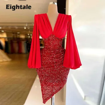 Eightale Seksi Abiye V Boyun Pullu Uzun Kollu Kısa Örgün Balo elbise Kırmızı Glitter Parti Elbise vestidos de fiesta