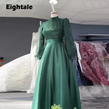 Eightale Sparkly Abiye Boncuklu Yüksek Boyun Uzun Kollu A-Line Müslüman Arapça balo elbisesi Düğün Parti robe de soirée