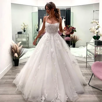 Eightree Seksi Gelinlik Beyaz Aplikler Kolsuz gelinlik Tül A-Line Prenses Düğün Akşam balo elbisesi Artı Boyutu