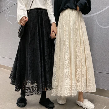 Elastik Yüksek Bel Dantel Etekler Kadın İlkbahar Yaz Etek Kore Zarif Rahat A-line Siyah Kayısı Uzun Maxi Etekler