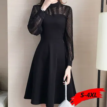elbise pin up elbise örgü artı boyutu dantel elbise seksi parti elbise 4XL siyah büyük sonbahar elbiseler kadınlar için vestidos uzun kollu 2019